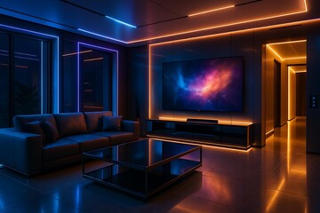 Modern Home Theater Setup – LED-Lit Entertainment Room with Cozy Seating and Immersive Ambience