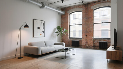 Bright, minimalist modern loft living room with exposed brick and natural light
