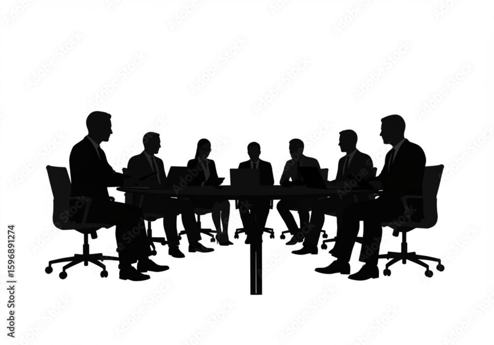 Poster silhouette of business people sitting around a conference table with laptops in a meeting setting sh