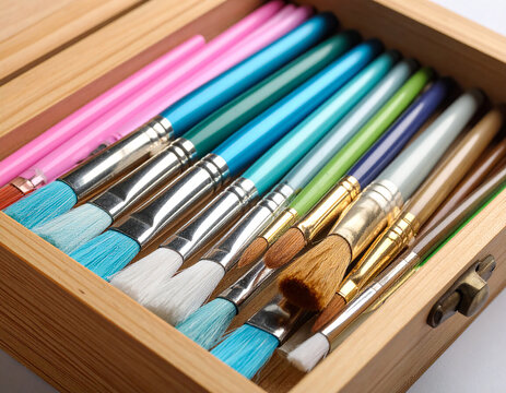 Set of colorful brushes in a wooden box, close-up view. Generated Image. 
