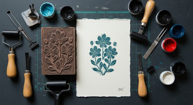 Linocut art supplies composition with hand carved block, test print and tools