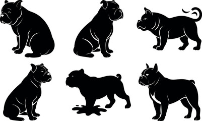 Vector art of bulldog silhouettes in various poses isolated on transparent background