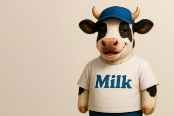 A cow wearing a T-shirt with the inscription Milk and a blue cap, on a light background. Space for text.