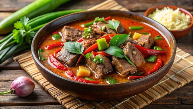 Laotian Or Lam &ndash; Spicy stew with buffalo meat, herbs, and bitter vegetables.

