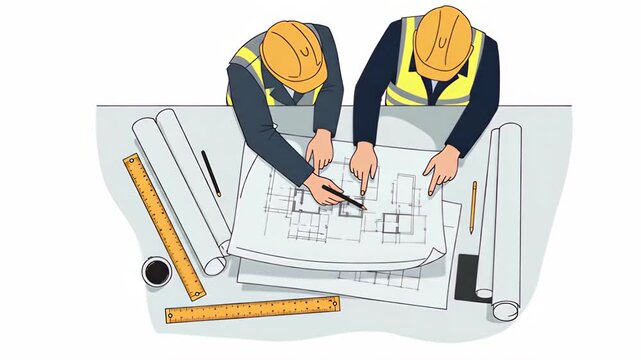 Flat vector two architects in hardhats are collaborating on a blueprint at a table, isolated on white background