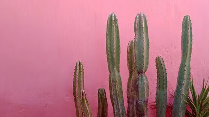 Desert plants against a vibrant pink wall.