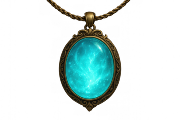 Glowing mystical amulet pendant radiating ethereal blue light against dark background