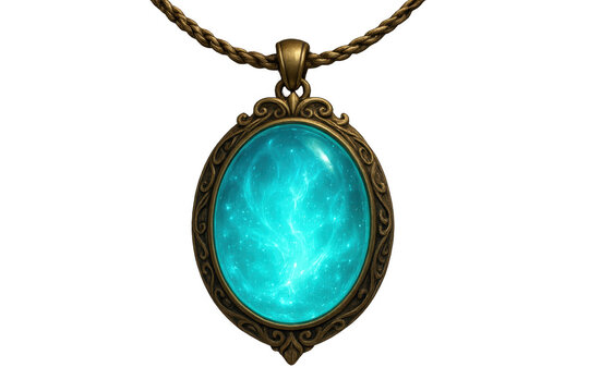 Glowing mystical amulet pendant radiating ethereal blue light against dark background