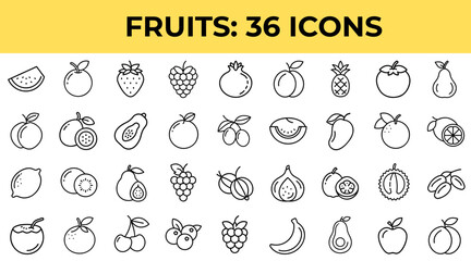 Fruits icons set arranged in a grid with simple line design  