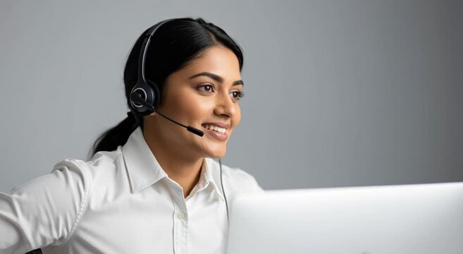 Calm Young Woman Customer Service Representative working on lapt