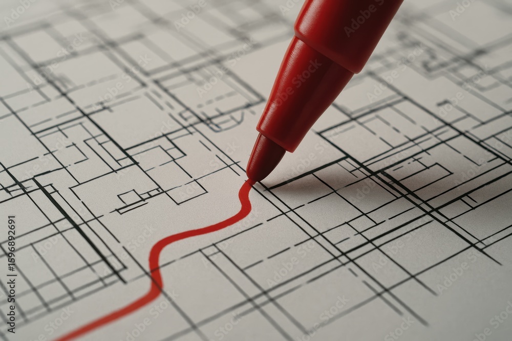 Poster red marker drawing path on architectural blueprint design for creative project planning