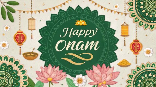 Colorful Onam Festival Greeting with Floral Design