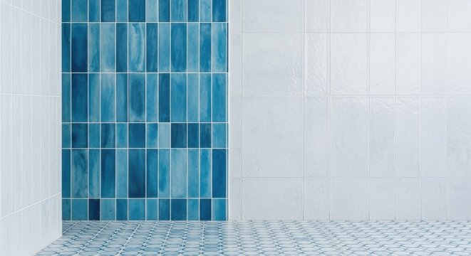 A wall with blue and white tiles and a patterned floor