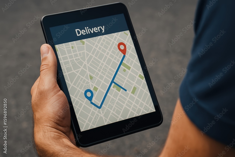 Poster delivery route navigation on tablet device with map displaying location pins and path