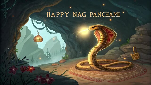 Illustrated Nag Panchami Celebration with Cobra in Cave
