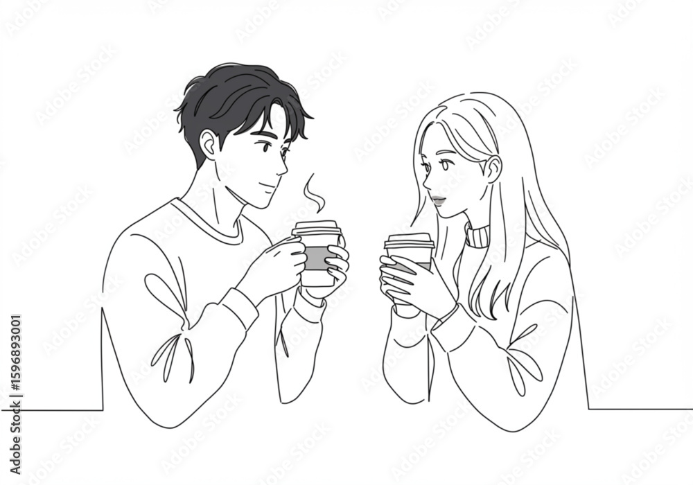 Poster a couple in simple line art holding coffee cups and looking at each other in a minimalist style draw