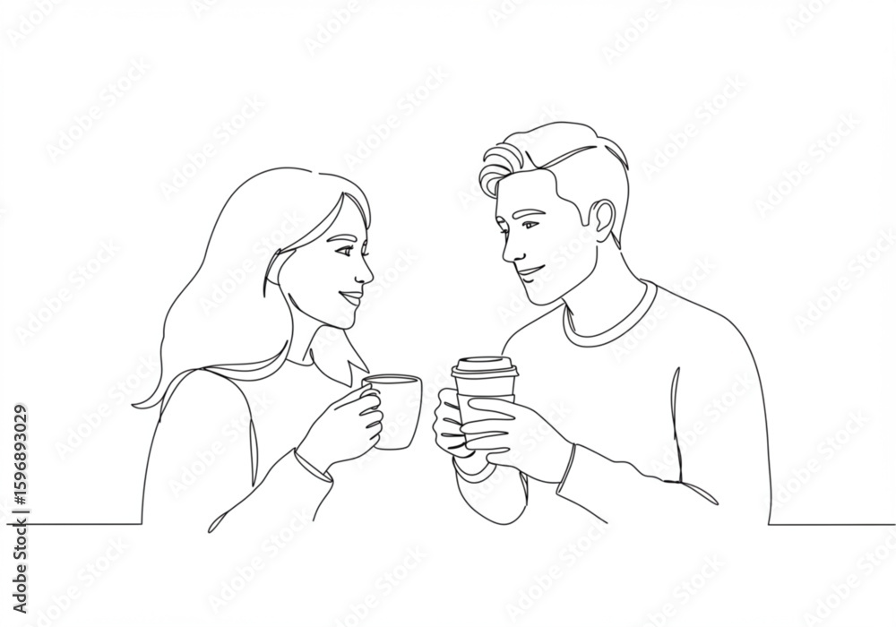 Poster continuous line drawing of a couple enjoying coffee together in a simple and modern style design art
