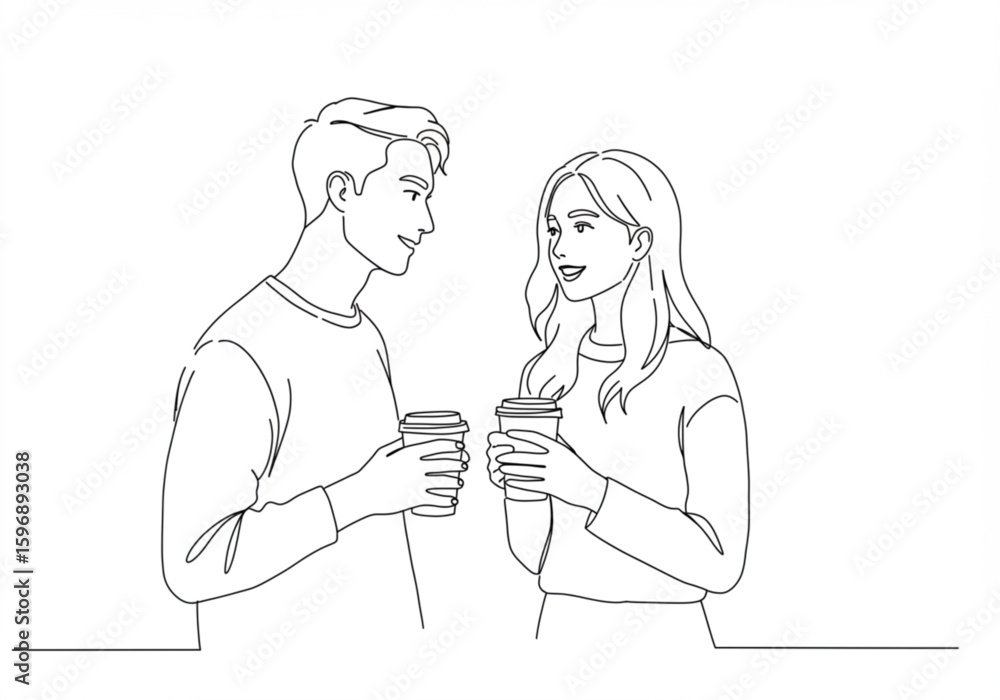 Poster a couple enjoying coffee together in a simple line drawing with a clean white background and casual 