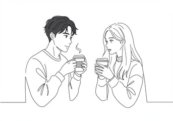 A couple in simple line art holding coffee cups and looking at each other in a minimalist style drawing created with generated ai