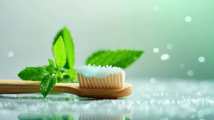 A wooden toothbrush with mint toothpaste rests beside fresh mint leaves. The background features a soft green gradient, creating a clean and refreshing atmosphere.