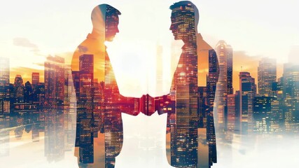 Two businessmen shaking hands in front of a city skyline. The image features a double exposure effect with buildings and sunset colors. - Powered by Adobe