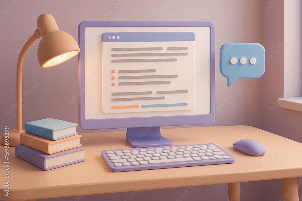 Poster cozy desk setup with computer and lamp