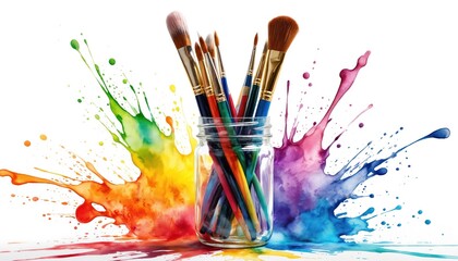 Fototapeta premium Clear glass jar with colorful paints takes center stage. Various colors include blue, yellow, red, and green brushes. Vibrant colors stand out on white surface against gray background.
