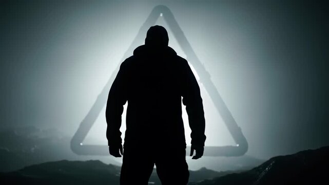 Silhouette figure facing warning sign