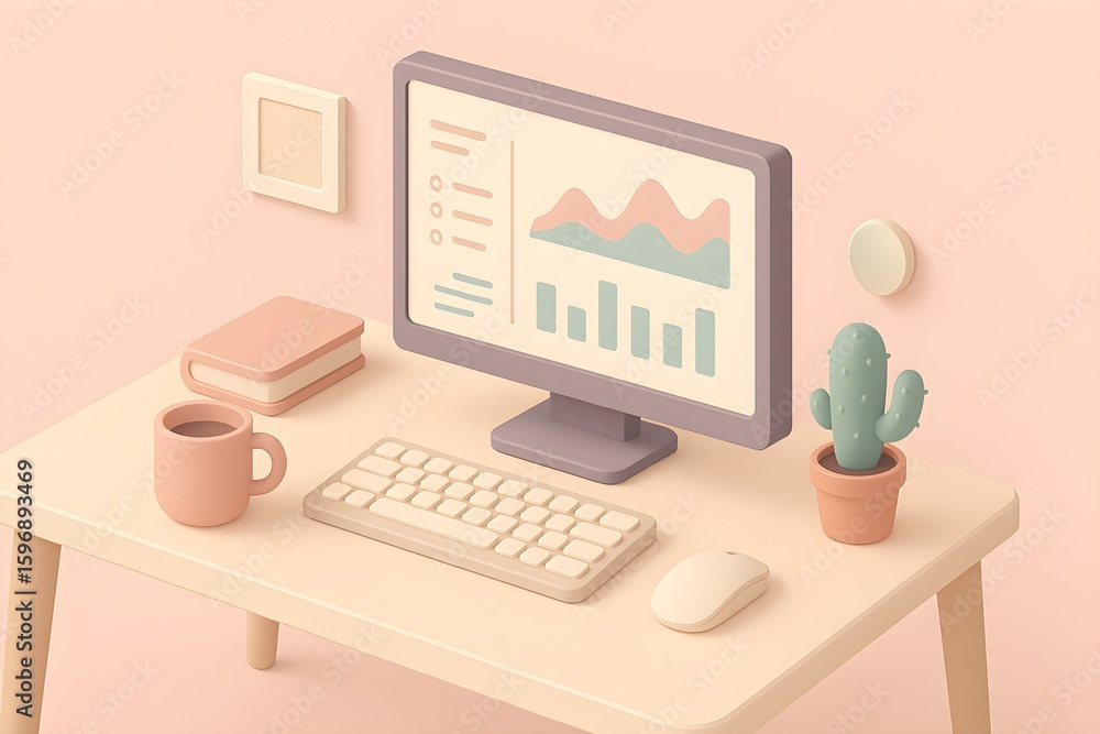 Fototapete isometric 3d render of a modern desk setup with computer and cactus