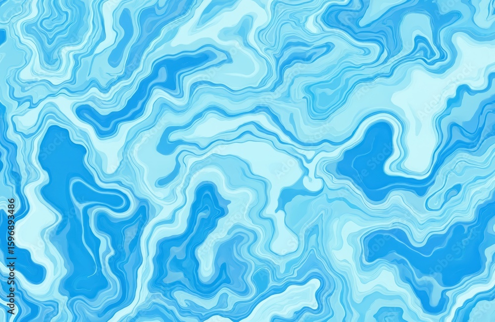 Poster dark brown background with vibrant blue swirls. wave-like pattern extends into distance creating dep