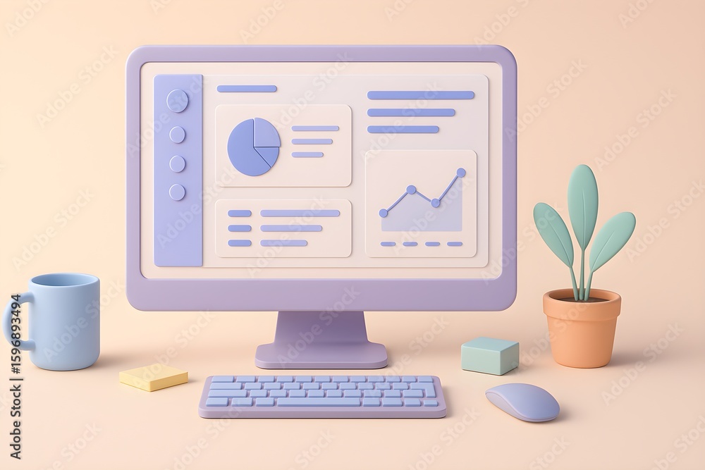 Poster pastel computer setup with business analytics display