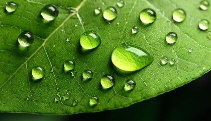 Fototapeta premium closeup of water droplets on vibrant green leaf showing detailed macro texture and natural beauty