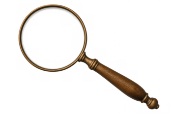 Vintage brass-framed magnifying glass featuring wooden handle, highlighting precision research tool against transparent background