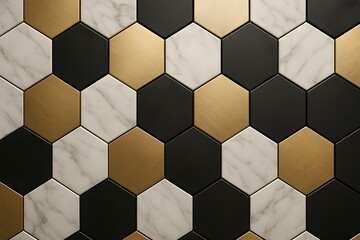 Geometric hexagon tile pattern with marble gold and black