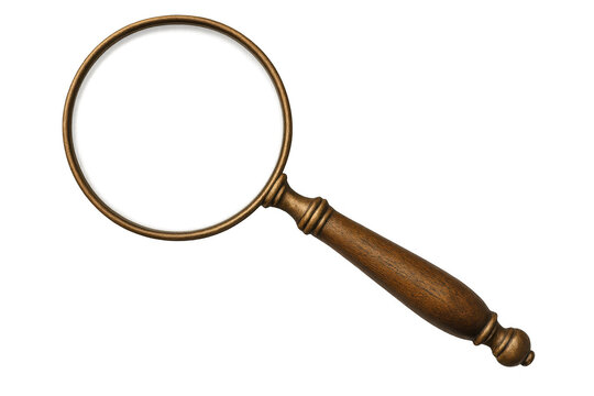 Vintage brass-framed magnifying glass featuring wooden handle, highlighting precision research tool against transparent background