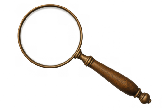 Vintage brass-framed magnifying glass featuring wooden handle, highlighting precision research tool against transparent background