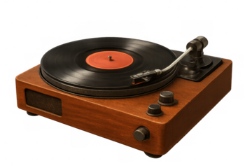 Modern wooden record player spinning a vinyl record, creating nostalgic sounds, isolated against a transparent background