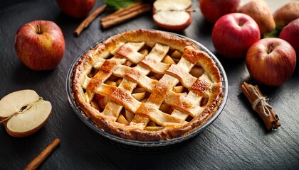delicious homemade lattice apple pie on rustic slate background with ingredients