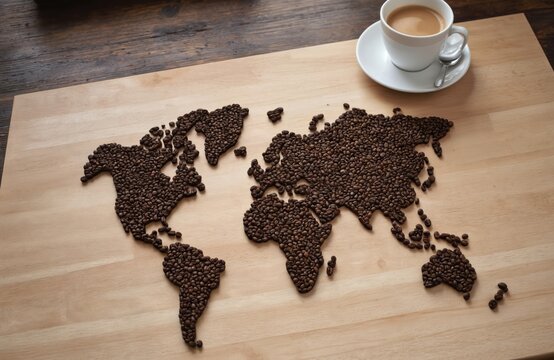 Wooden table with coffee bean map of continents. North America, Europe, Asia, Africa, Australia, Antarctica. Coffee cup nearby. Minimalist coffee setting with wooden background.