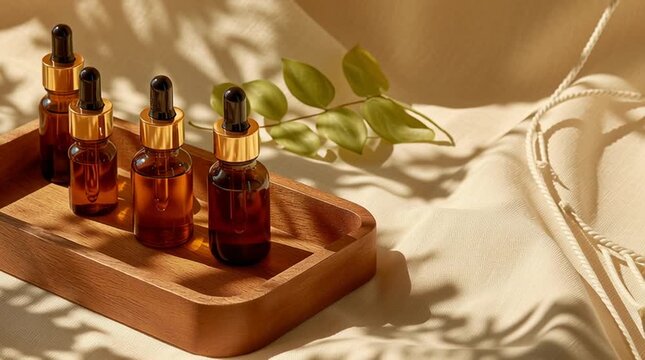 Aesthetic amber bottles with droppers, showcasing natural beauty or aromatherapy on a wooden tray.