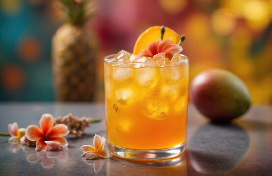 Vibrant cocktail scene with glass of dark yellow liquid containing orange slices on gray countertop. Mango rests on red plate with pineapple, coconut, and yellow flower adding tropical atmosphere.
