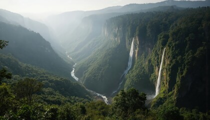 Serene mountain landscape with river carving through green valley. Large waterfall flows into dark waters. Tropical forest provides contrast to open sky. Mountain cliff stands as silent observer.