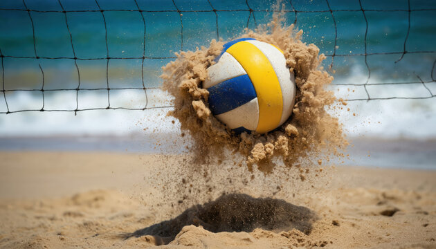 Volleyball mid-air, sandy beach volleyball court, blue, yellow colors. Intense beach volleyball match with people cheering on. Vibrant scene, azure sky, calm ocean, beach volleyball game. Beach