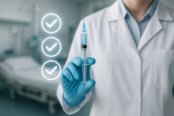 Fototapeta premium Doctor holding syringe with vaccine injection showing check marks for successful treatment health care