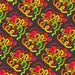 Colorful abstract love pattern with hearts and flowers on black  