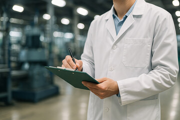 Medical professional in lab coat writing on clipboard in factory for quality control and inspection