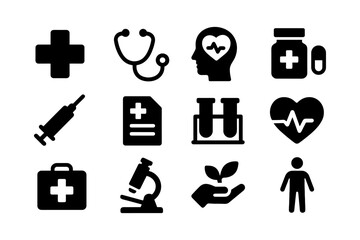 Healthcare icons set: medical, health, and wellness symbols in bold silhouette style