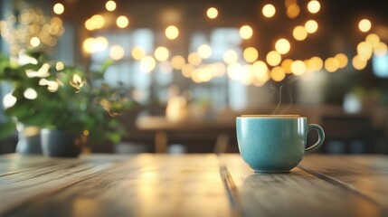 Steaming Teal Mug on Wooden Table with Bokeh Lights, Cafe , Warmth