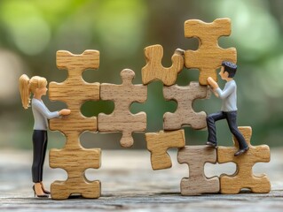 Teamwork Miniature Figures Assembling a Wooden Puzzle, collaboration , strategy