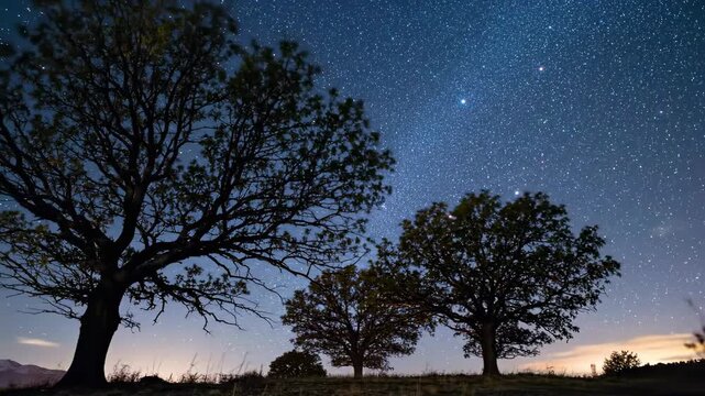Silhouetted trees under a starry night sky